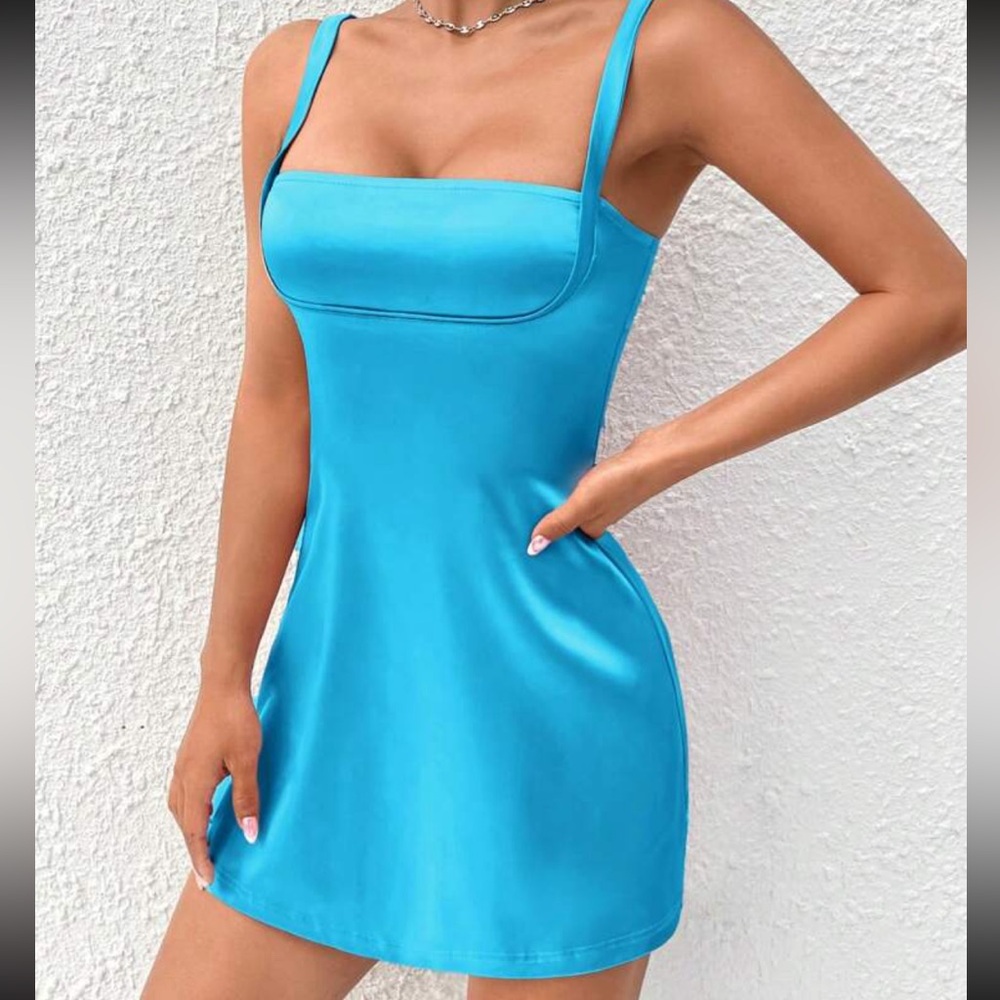 faux satin blue mini dress